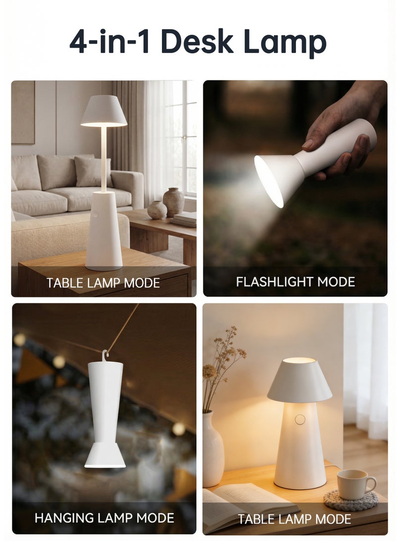4 in 1 Cordless Table Lamp, 2 Colors Stepless Dimming, Reading Lamp, Bedroom Night Light, High-Intensity Flashlight, Camping Hanging Light, Portable LED Desk Lamp for Bedroom/Restaurant/Bars/Outdoor Camping/Couple Dinner/Night Light (White) - Image 2